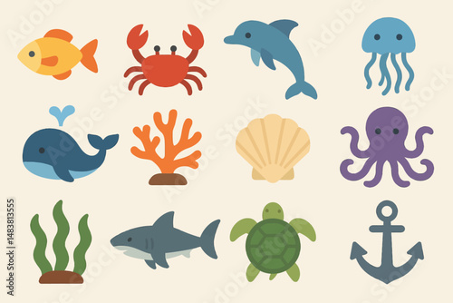 Colorful ocean creatures: fish, crab, dolphin, whale, coral, shell, octopus, shark, turtle, anchor