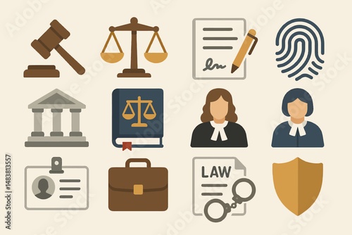 Legal system icons featuring judges, scales, gavel, fingerprint, badge, handcuffs, and documents