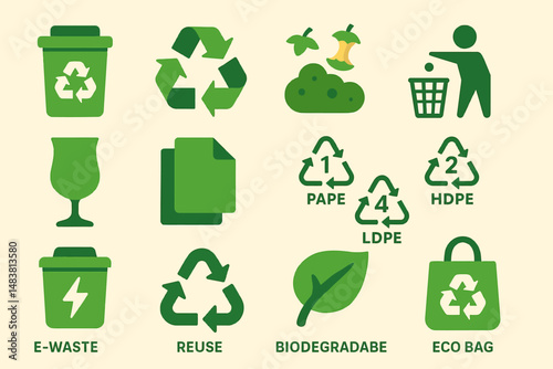 Recycling icons: e-waste, reuse, biodegradable symbols and eco-friendly actions