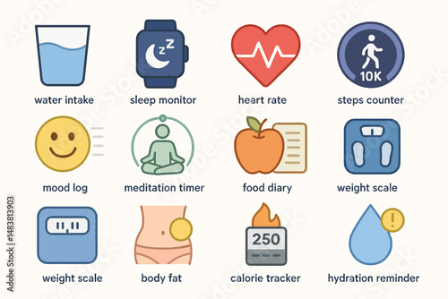 Health and fitness tracker icons: sleep, exercise, nutrition, hydration, and meditation