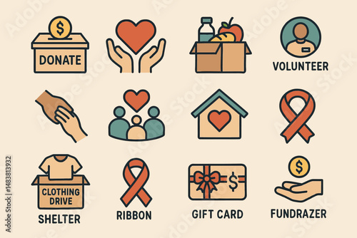 Charity icons set including volunteer, donate, shelter, ribbon, and fundraiser symbols