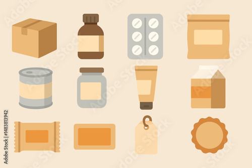 Collection of various packaging items including boxes, jars, bottles, and containers