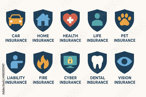 Icons representing various insurance types including car, home, health, life, pet, liability, fire, cyber, dental, vision
