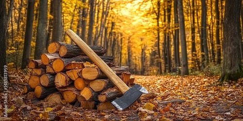 An axe leaning against a stack of firewood in an autumn forest