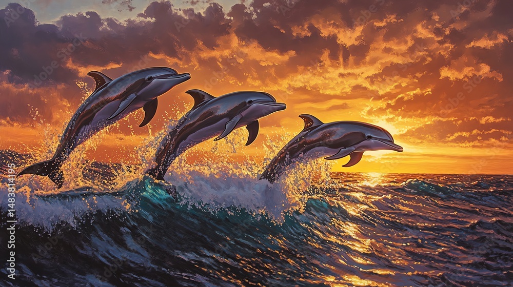 Fototapeta premium Sunset Dolphins Illustration: Ocean Wildlife Jumping