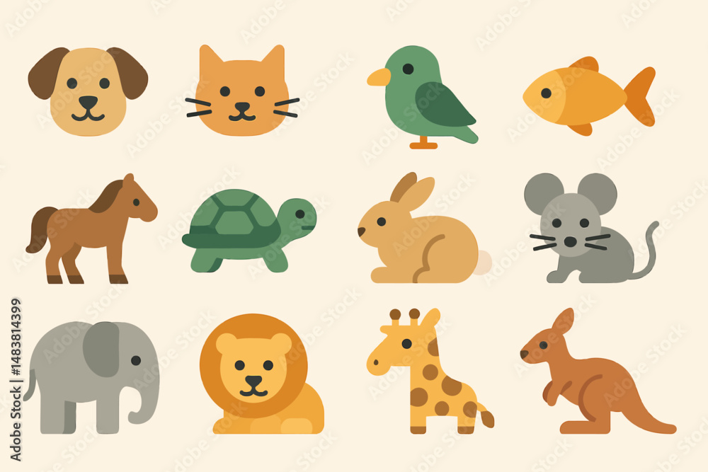 Naklejka premium Colorful cartoon animals: dog, cat, bird, fish, horse, turtle, rabbit, mouse, elephant, lion, giraffe, kangaroo