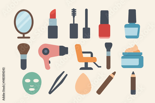 Collection of beauty and makeup tools including lipstick, nail polish, mirror, and brush