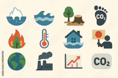 Climate change icons depicting global warming and environmental concerns