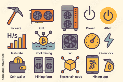 Cryptocurrency mining elements: tools, hardware, and symbols illustrated