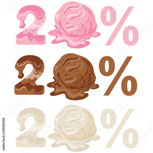 template of discount options for sale namely 20 percent with melting ice cream scoops, melting discounts