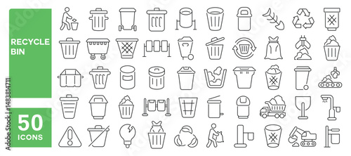 Set of 50 line icons related to recycle bin, trash, rubbish, dump, garbage, waste, Editable stroke. Vector illustration
