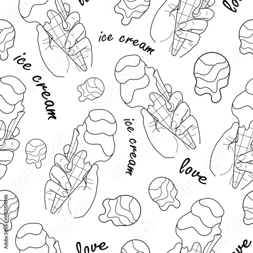 seamless pattern of icons of human hands holding various ice cream in a waffle cup, in line art style, for packaging or textile