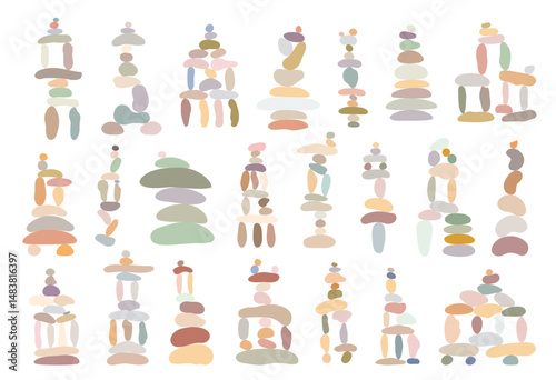 Zen stone cairns set simple hand drawn illustration clipart symbolizing balance, harmony, meditation, perfect minimalist concept for wellness, spa, relaxation, mindfulness, peaceful lifestyle themes