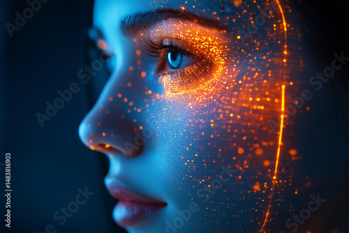 Female scans face using facial recognition system on smartphone for biometric identification. Future digital high tech technology and face id