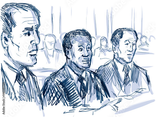 Pastel pencil pen and ink sketch illustration of a courtroom trial setting with lawyer and black African American defendant, plaintiff seated during court case hearing.