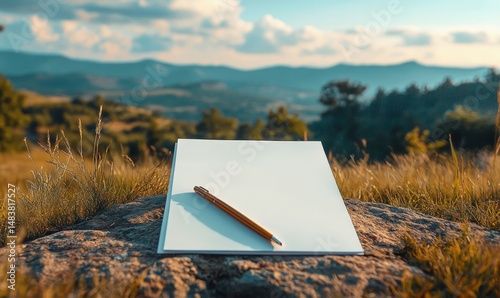 Writer or artist looking for inspiration with blank paper and natural landscape background