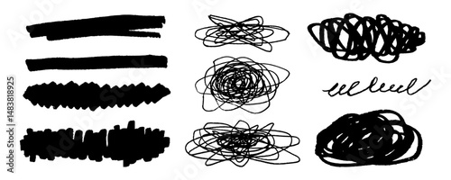 Collection of black marker strokes, scribbles and abstract doodles. Hand drawn sketch elements with swirls, crowns, stars and wavy lines for modern artistic design