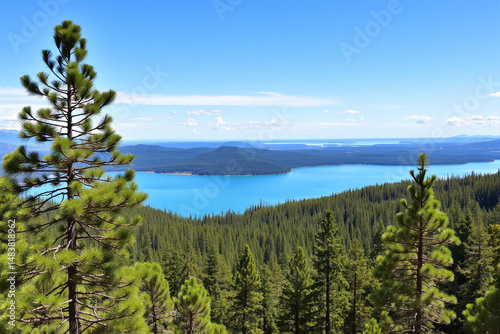 Serene Pine Forest Overlooks a Tranquil Azure Lake on a Sunny Day