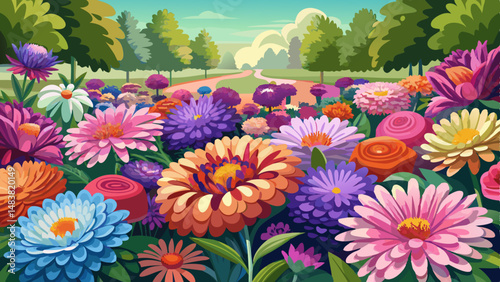A large flower bed. Beautiful multi colored asters. Background of flowers. Soft focus.