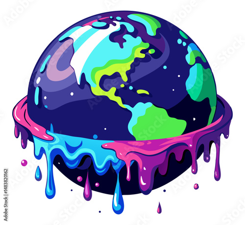 A stylized globe with vibrant blue and green continents, encircled by melting pink, blue, and purple liquid dripping from its base, symbolizing climate change, environmental issues, or global warming.