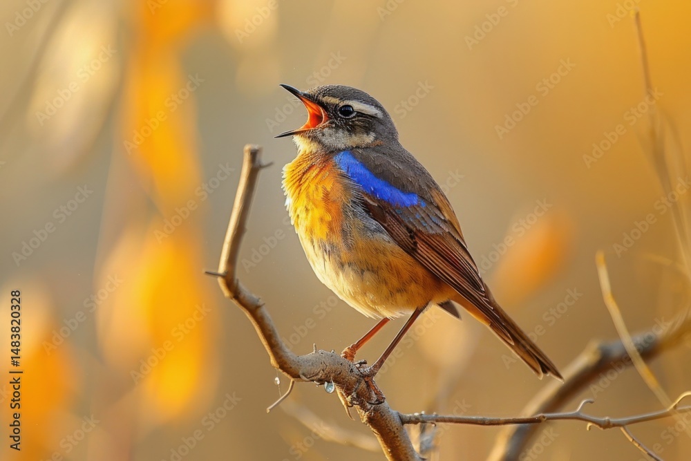 Fototapeta premium Bluethroat, Luscinia svecica. A bird sits on a dry branch and sings