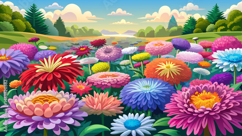 A large flower bed. Beautiful multi colored asters. Background of flowers. Soft focus.