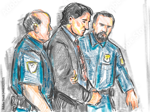 Pastel pencil pen and ink sketch illustration of a white male serial killer defendant being led into the courtroom for trial by police officer in court.