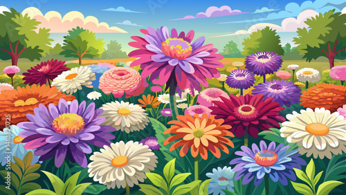 A large flower bed. Beautiful multi colored asters. Background of flowers. Soft focus.