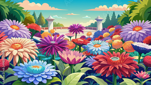 A large flower bed. Beautiful multi colored asters. Background of flowers. Soft focus.