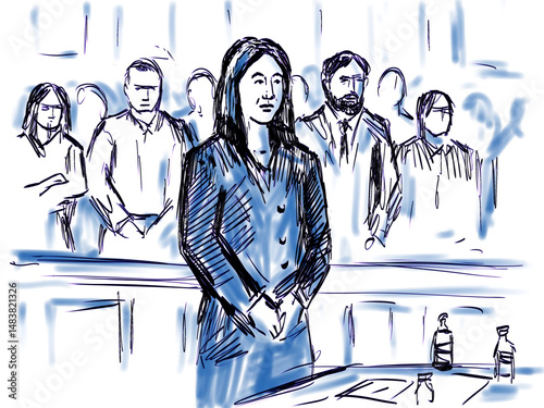 Pastel pencil pen and ink sketch illustration of a courtroom trial setting with young female defendant, plaintiff, witness testifying standing in judiciary court of law and justice.