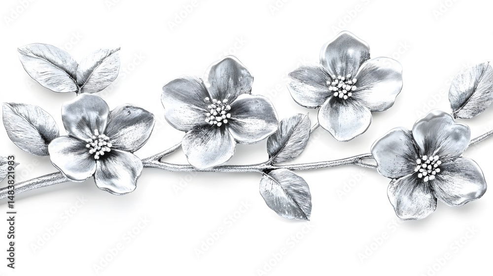 Fototapeta premium Silver Metal Flowers Branch Ornament White Background