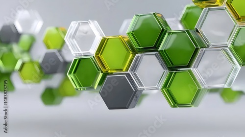 緑 灰色と銀色の六角形のパターンがぼやけた背景に配置された抽象的な3Dレンダリング