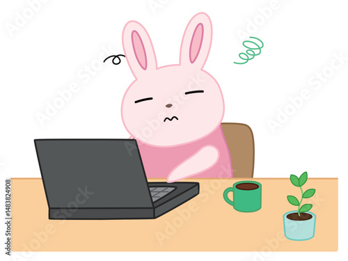リモートワークで疲れているウサギ　主線あり