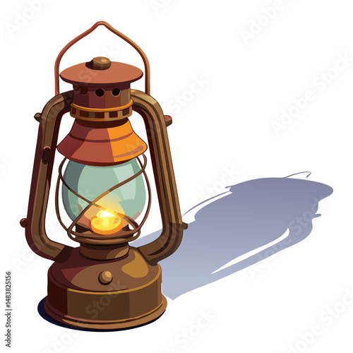 The image is a colorful illustration of a lit, antique-style kerosene lantern casting a shadow on a white background.