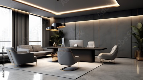 Minimalist office monochromatic grey palette softened textured walls and sleek metallic accents The restrained color scheme promotes focus while subtle variations in tone add depth and sophistication