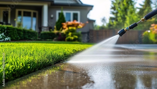 Pressure Washing Driveway in Front of a House