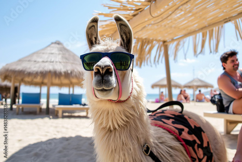 A Cool Llama on a Sunny Beach Getaway Wearing Shades