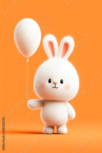 Funny fluffy bunny holding white balloon on bright orange background.