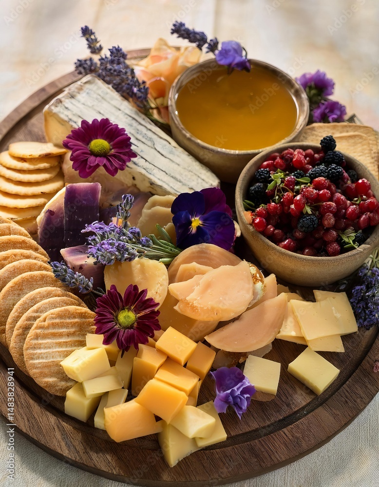 Gourmet cheese board decorated with edible flowers and honey for a festive occasion Gourmet cheese board decorated with edible flowers and honey for a festive occasion