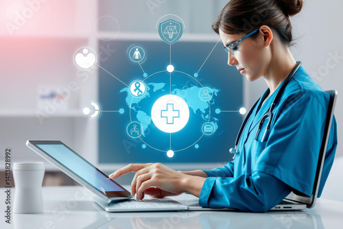 Female Doctor Using Laptop with Healthcare Icons and Global Network Connection