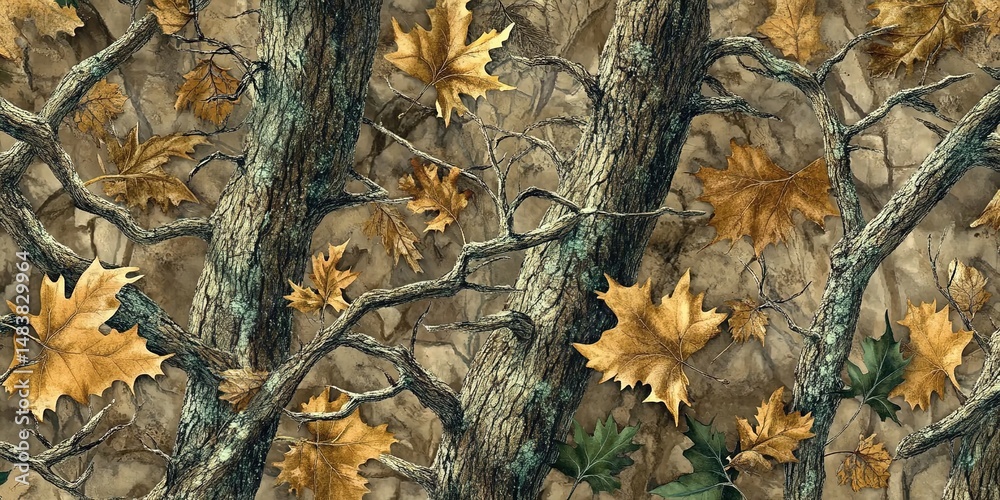Obraz premium Camouflage Pattern with Tree Branches and Leaves