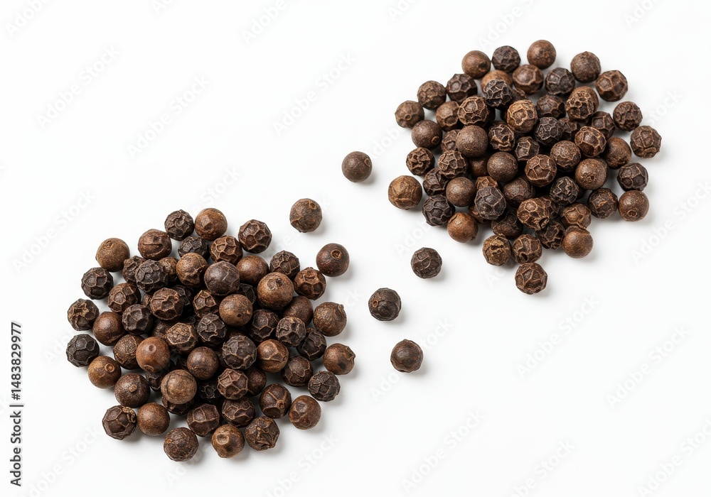 Two small piles of dried black peppercorns are arranged on a plain white background Two small piles of dried black peppercorns are arranged on a plain white background
