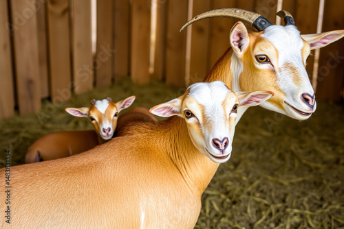Serene moment of an antelope and her two adorable young ones in a cozy barn