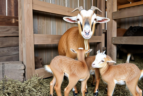 Mother goat with adorable kids in a rustic wooden barn setting