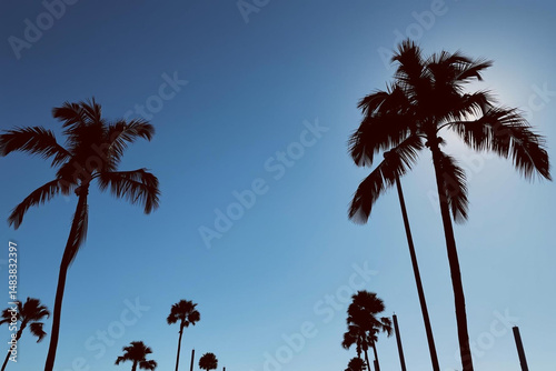 Majestic Palm Trees Silhouetted Against a Serene Blue Sky with Radiant Sun