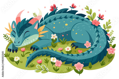 A cute cartoon illustration of a teal and blue dragon with pink horns, peacefully sleeping on a patch of green grass surrounded by colorful flowers.
