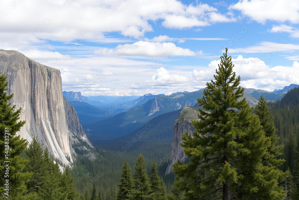 Majestic El Capitan waterfall surrounded by lush trees in Yosemite Valley landscape Majestic El Capitan waterfall surrounded by lush trees in Yosemite Valley landscape