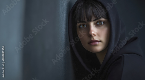 Model wearing a black hoodie. Confident, serene expression and a flawless complexioin. Skin care and natural cosmetics.