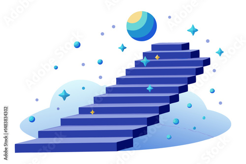 A colorful cartoon illustration of a blue staircase ascending into a light blue, cloudy space with stars and a stylized moon or planet at the top.