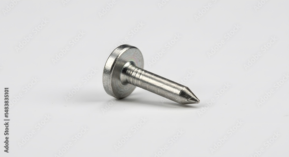 Precision Metal Pin: A close-up shot of a single, meticulously crafted metal pin with a broad head and a sharp point, showcasing its intricate details against a simple background. Precision Metal Pin: A close-up shot of a single, meticulously crafted metal pin with a broad head and a sharp point, showcasing its intricate details against a simple background.
